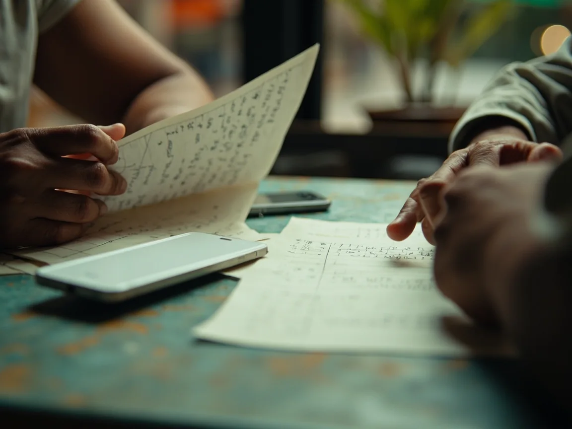 Two adult cricket followers comparing handwritten player notes at a cafe.