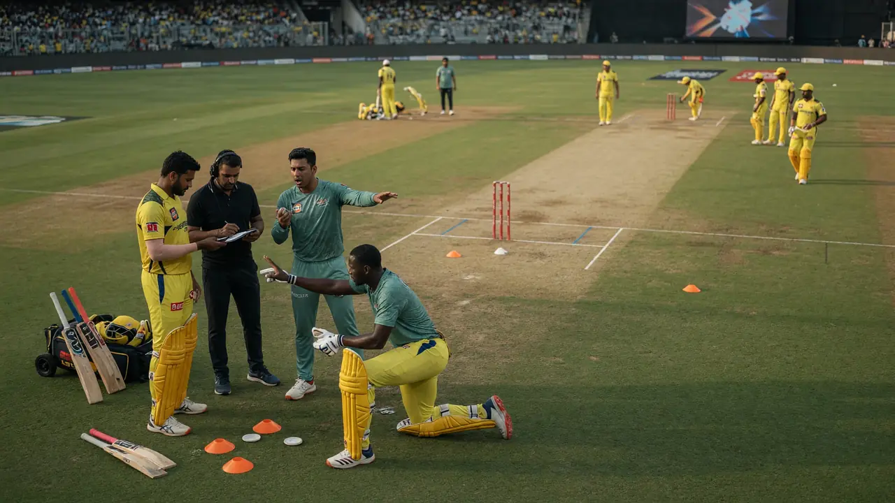 Medium shot of fielders and a bowler adjusting positions near the pitch during a day-night match.